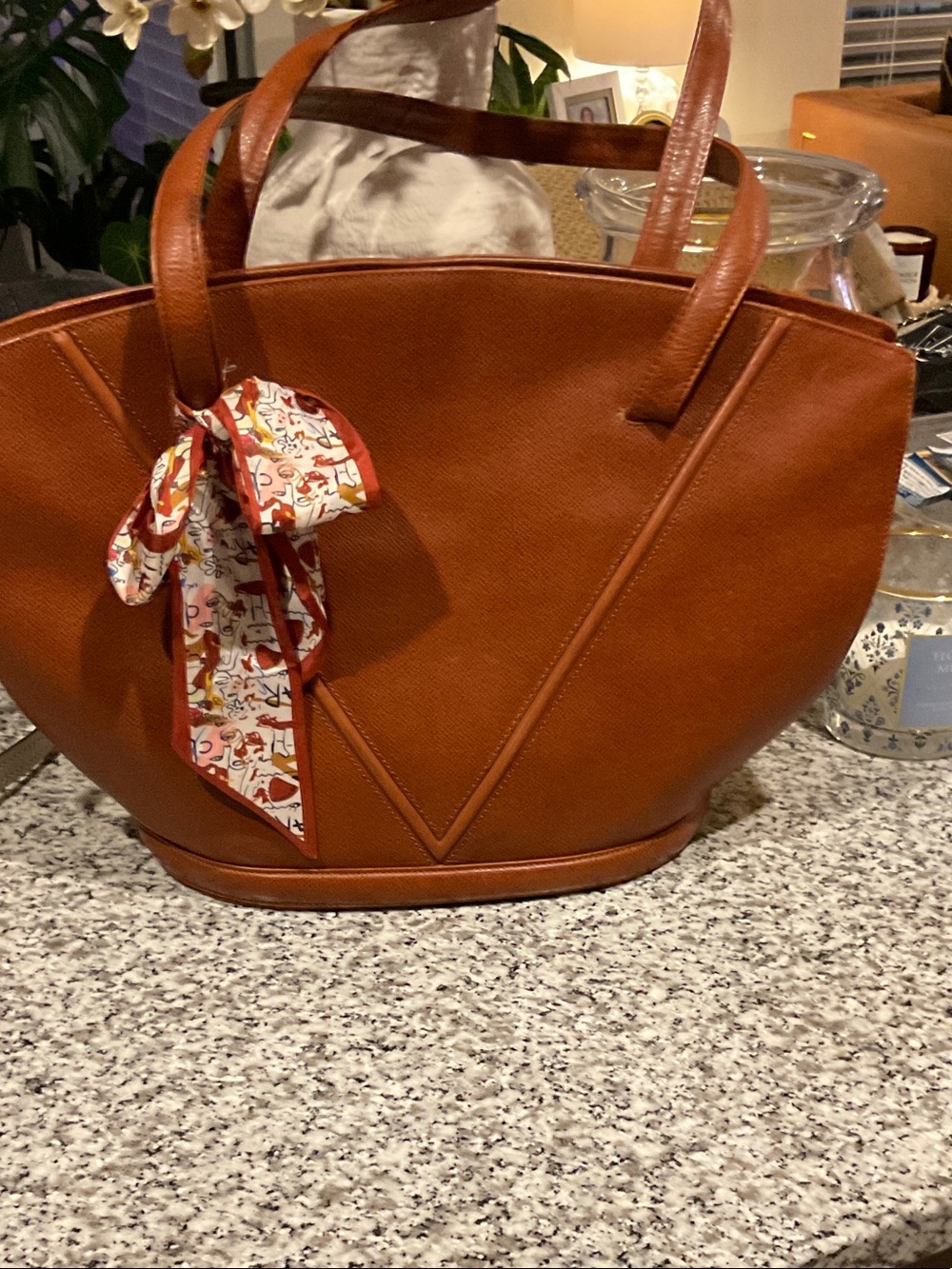 Valentino Cognac Leather Tote with Silk Scarf Accent